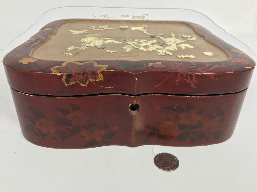 Vintage Signed Chinese Lacquer Box With Relief Bone And Mother Of Pearl ...