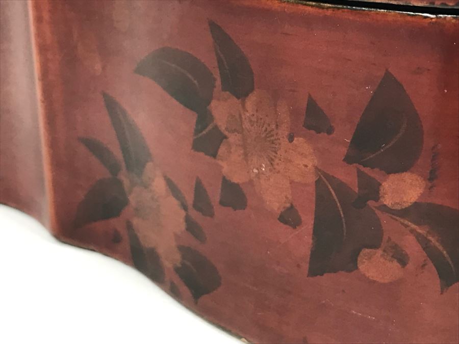 Vintage Signed Chinese Lacquer Box With Relief Bone And Mother Of Pearl Landscape Scene Featuring Birds And Chrysanthemums On Top - See Photos For Condition [Photo 19]