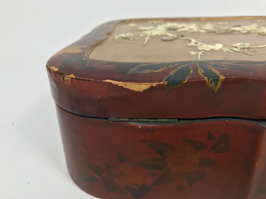 Vintage Signed Chinese Lacquer Box With Relief Bone And Mother Of Pearl ...