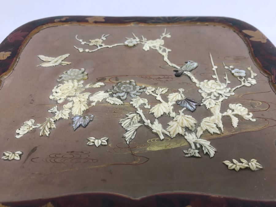 Vintage Signed Chinese Lacquer Box With Relief Bone And Mother Of Pearl Landscape Scene Featuring Birds And Chrysanthemums On Top - See Photos For Condition [Photo 6]
