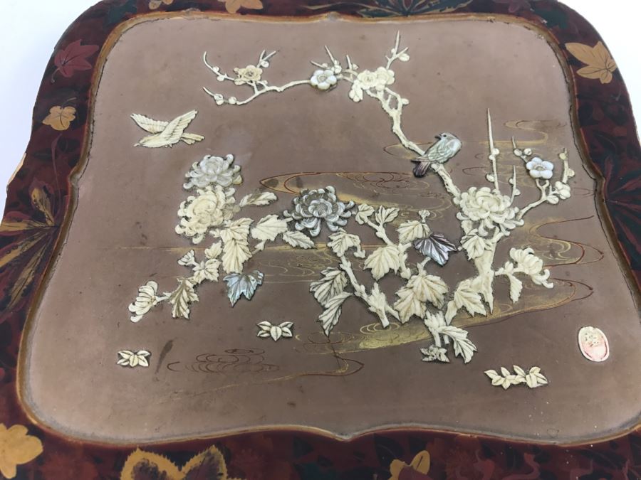 Vintage Signed Chinese Lacquer Box With Relief Bone And Mother Of Pearl Landscape Scene Featuring Birds And Chrysanthemums On Top - See Photos For Condition [Photo 5]