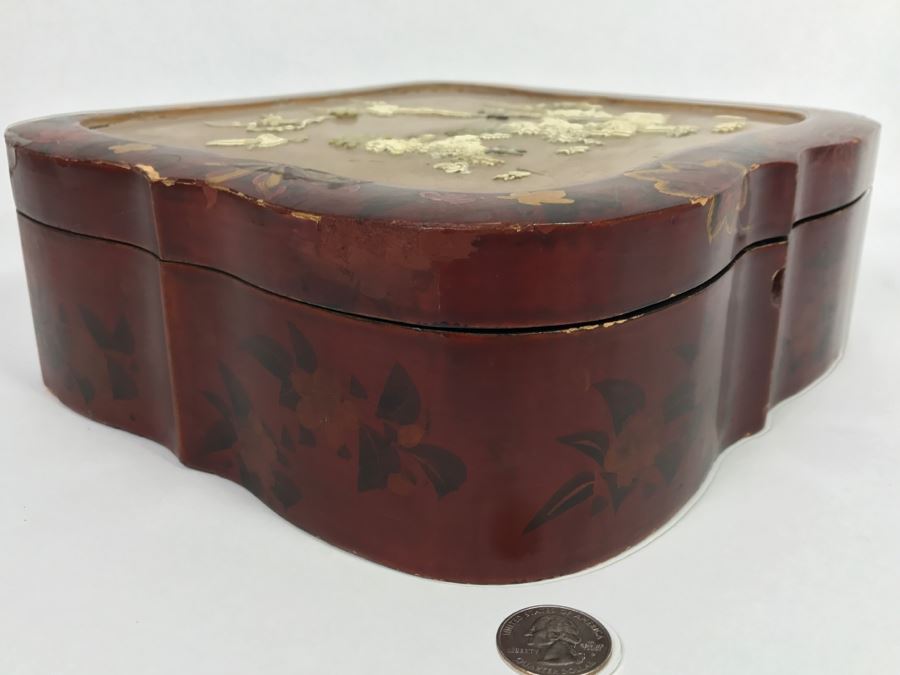 Vintage Signed Chinese Lacquer Box With Relief Bone And Mother Of Pearl Landscape Scene Featuring Birds And Chrysanthemums On Top - See Photos For Condition [Photo 17]