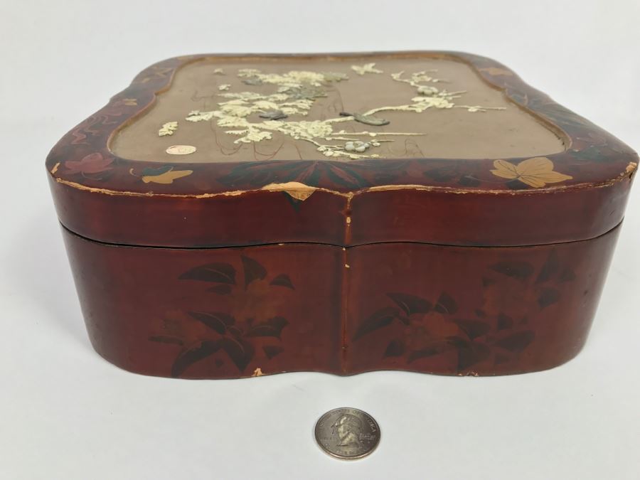 Vintage Signed Chinese Lacquer Box With Relief Bone And Mother Of Pearl Landscape Scene Featuring Birds And Chrysanthemums On Top - See Photos For Condition [Photo 23]