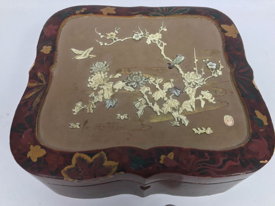 Vintage Signed Chinese Lacquer Box With Relief Bone And Mother Of Pearl Landscape Scene Featuring Birds And Chrysanthemums On Top - See Photos For Condition