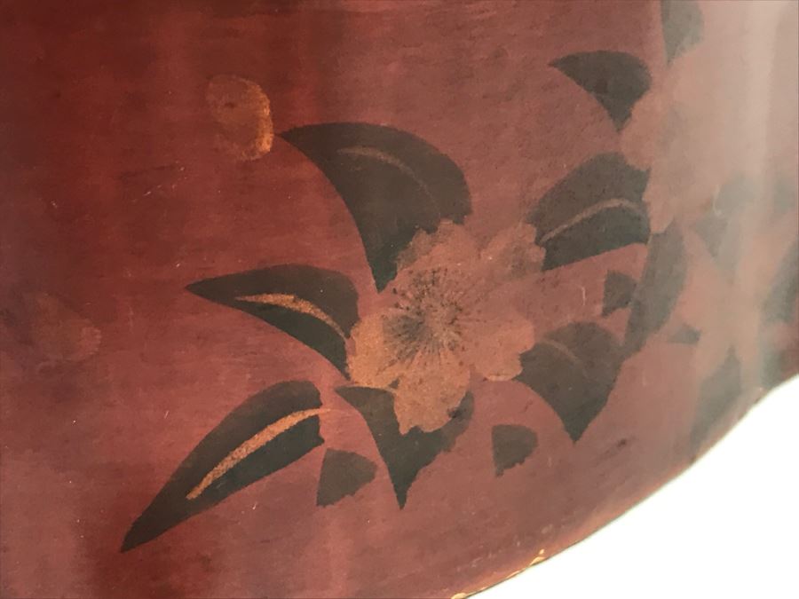 Vintage Signed Chinese Lacquer Box With Relief Bone And Mother Of Pearl Landscape Scene Featuring Birds And Chrysanthemums On Top - See Photos For Condition [Photo 18]