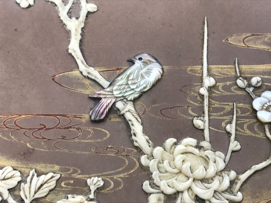 Vintage Signed Chinese Lacquer Box With Relief Bone And Mother Of Pearl Landscape Scene Featuring Birds And Chrysanthemums On Top - See Photos For Condition [Photo 8]