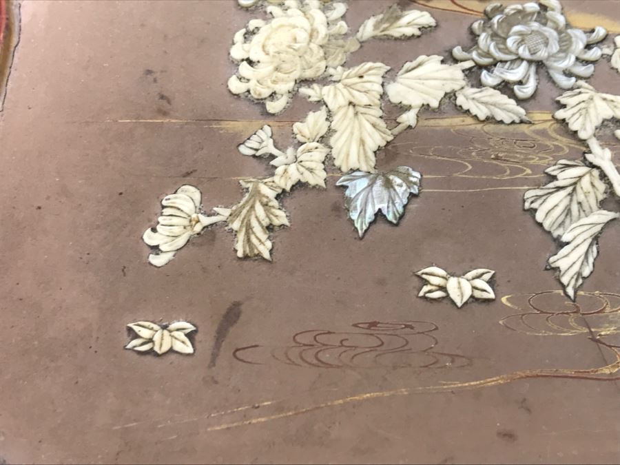 Vintage Signed Chinese Lacquer Box With Relief Bone And Mother Of Pearl Landscape Scene Featuring Birds And Chrysanthemums On Top - See Photos For Condition [Photo 12]