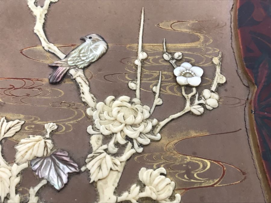 Vintage Signed Chinese Lacquer Box With Relief Bone And Mother Of Pearl Landscape Scene Featuring Birds And Chrysanthemums On Top - See Photos For Condition [Photo 9]