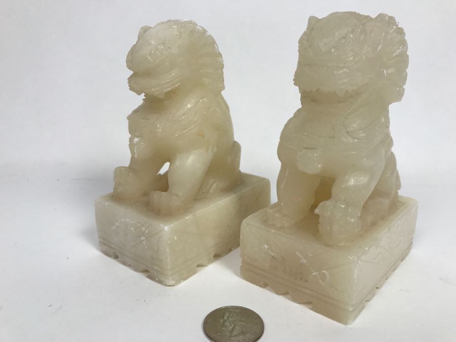 Pair Of Alabaster Foo Dog Sculptures [Photo 2]
