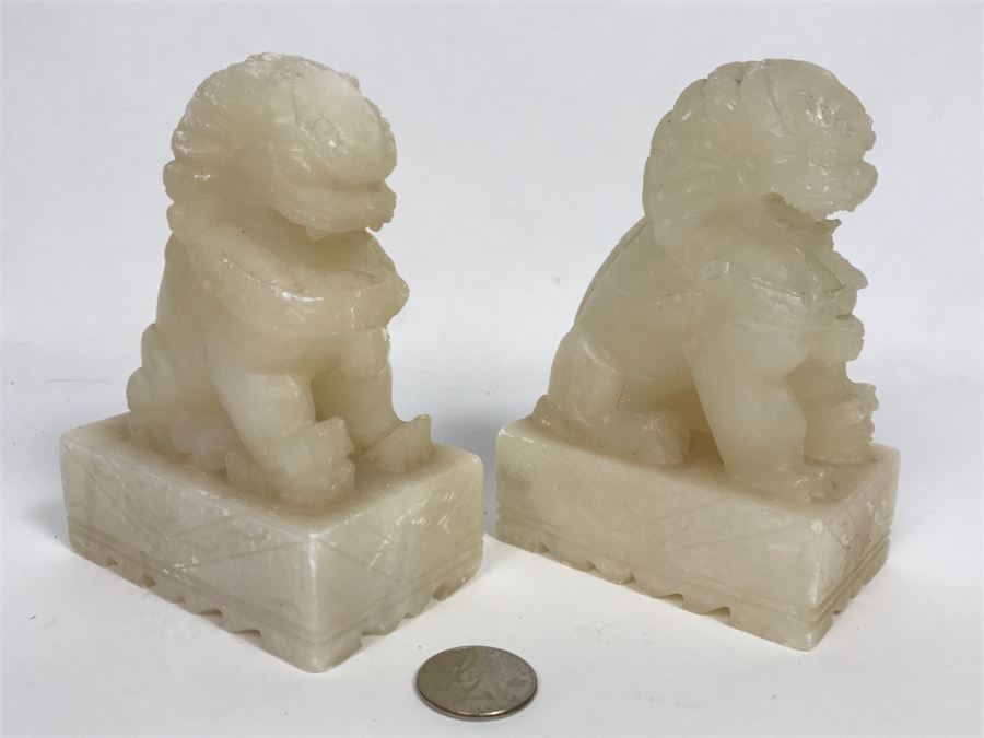 Pair Of Alabaster Foo Dog Sculptures [Photo 9]