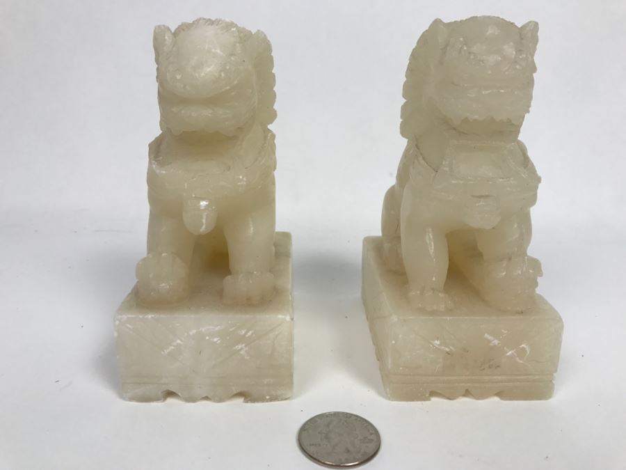 Pair Of Alabaster Foo Dog Sculptures [Photo 4]