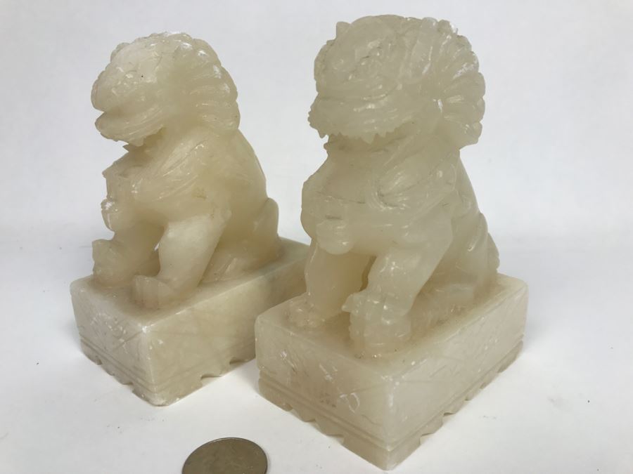 Pair Of Alabaster Foo Dog Sculptures [Photo 3]