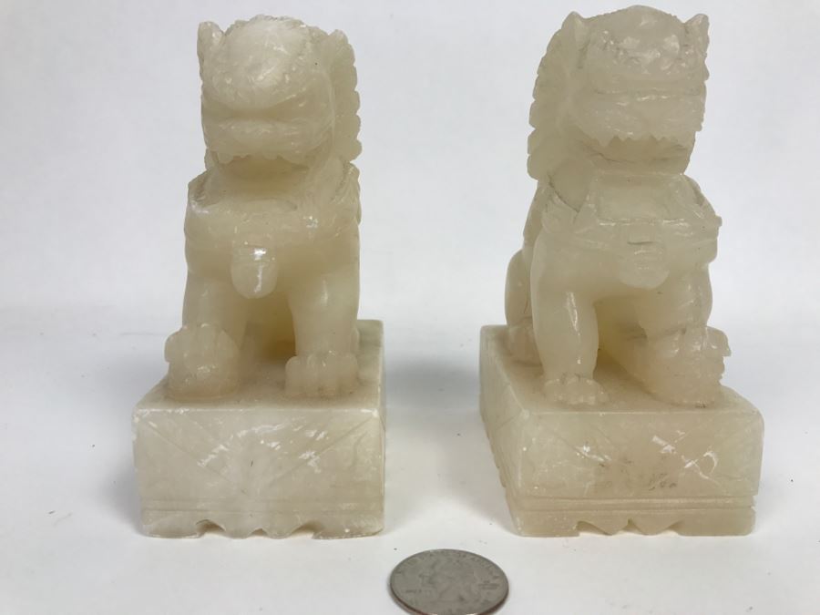 Pair Of Alabaster Foo Dog Sculptures [Photo 5]