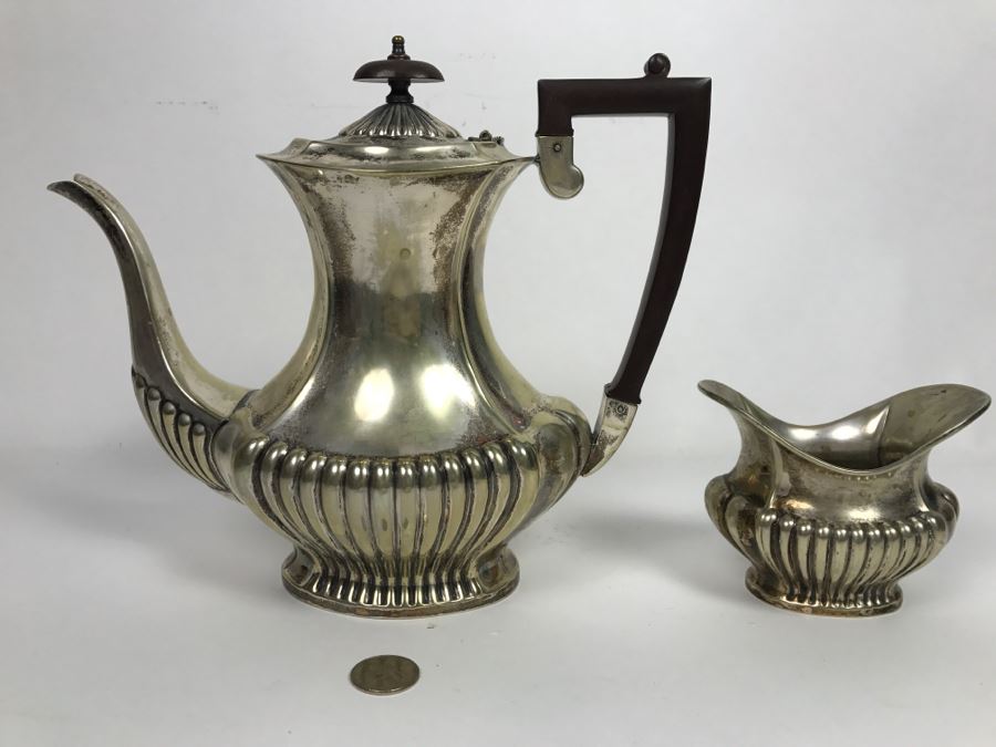 Vintage Cheltenham And Company Sheffield England Hammered Silverplate Coffee Pot With Creamer