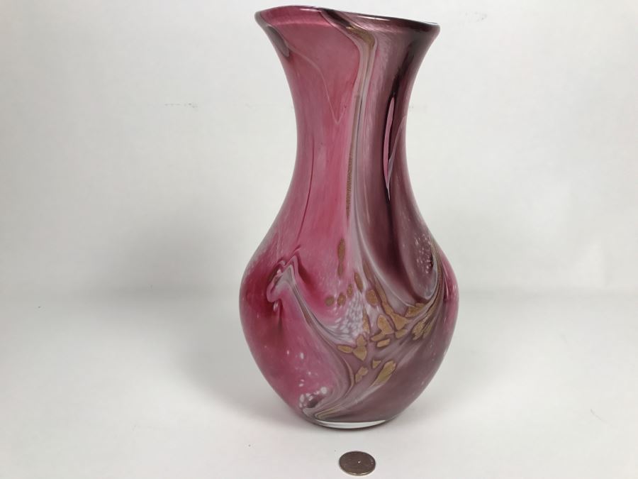 Signed Jean Michel Operto France Amethyst Art Glass Vase With Gold Inclusions [Photo 2]