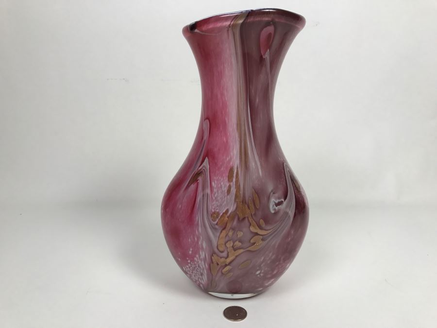 Signed Jean Michel Operto France Amethyst Art Glass Vase With Gold Inclusions [Photo 8]