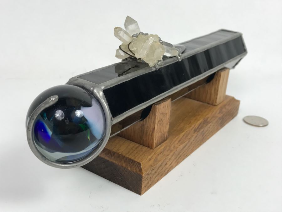 Signed Custom Kaleidoscope With Wooden Stand, Glass Marble And Crystals Signature Illegible [Photo 2]