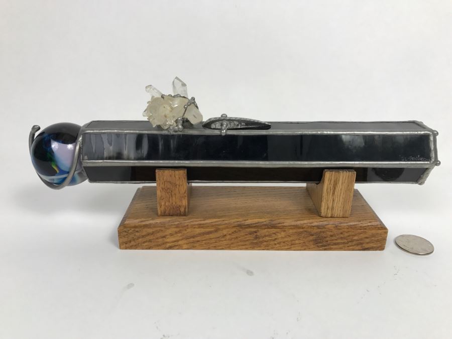 Signed Custom Kaleidoscope With Wooden Stand, Glass Marble And Crystals Signature Illegible [Photo 7]