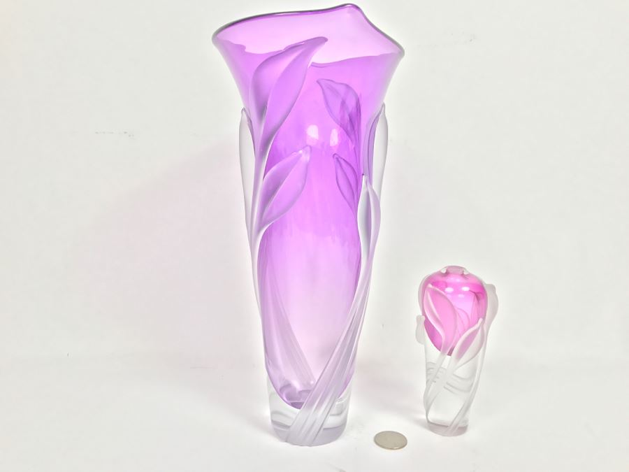 Stunning Vintage 2002 Signed William Glasner Art Glass Vase With William Glassner Art Glass Bottle Amethyst With Frosted Leaves [Photo 15]