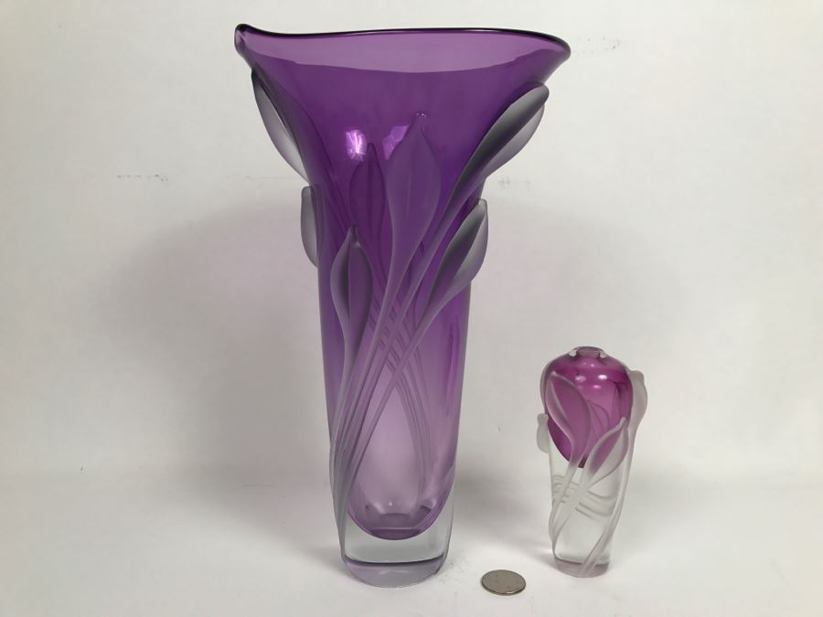 Stunning Vintage 2002 Signed William Glasner Art Glass Vase With William Glassner Art Glass Bottle Amethyst With Frosted Leaves [Photo 4]