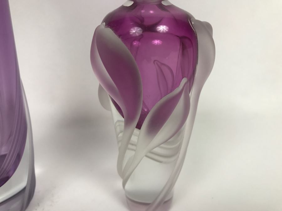 Stunning Vintage 2002 Signed William Glasner Art Glass Vase With William Glassner Art Glass Bottle Amethyst With Frosted Leaves [Photo 12]