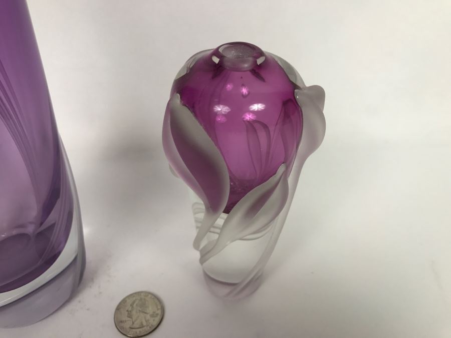 Stunning Vintage 2002 Signed William Glasner Art Glass Vase With William Glassner Art Glass Bottle Amethyst With Frosted Leaves [Photo 11]