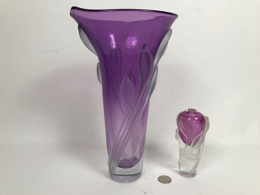 Stunning Vintage 2002 Signed William Glasner Art Glass Vase With William Glassner Art Glass Bottle Amethyst With Frosted Leaves [Photo 16]