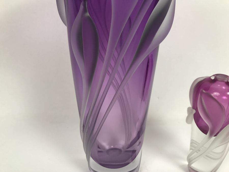 Stunning Vintage 2002 Signed William Glasner Art Glass Vase With William Glassner Art Glass Bottle Amethyst With Frosted Leaves [Photo 8]