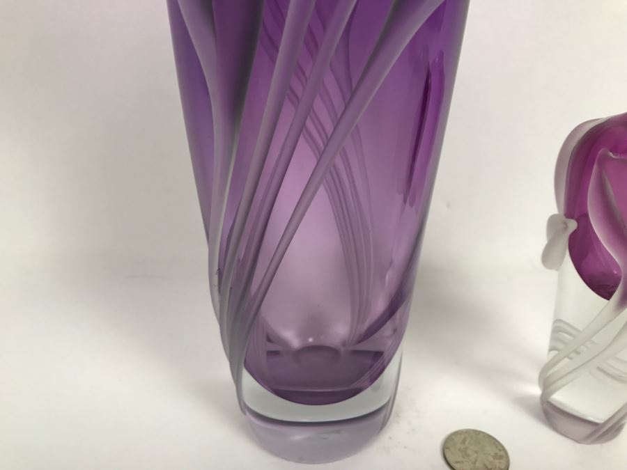 Stunning Vintage 2002 Signed William Glasner Art Glass Vase With William Glassner Art Glass Bottle Amethyst With Frosted Leaves [Photo 9]