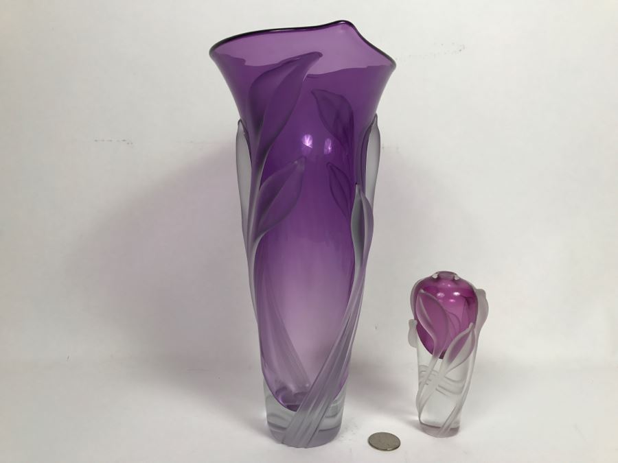Stunning Vintage 2002 Signed William Glasner Art Glass Vase With William Glassner Art Glass Bottle Amethyst With Frosted Leaves [Photo 14]