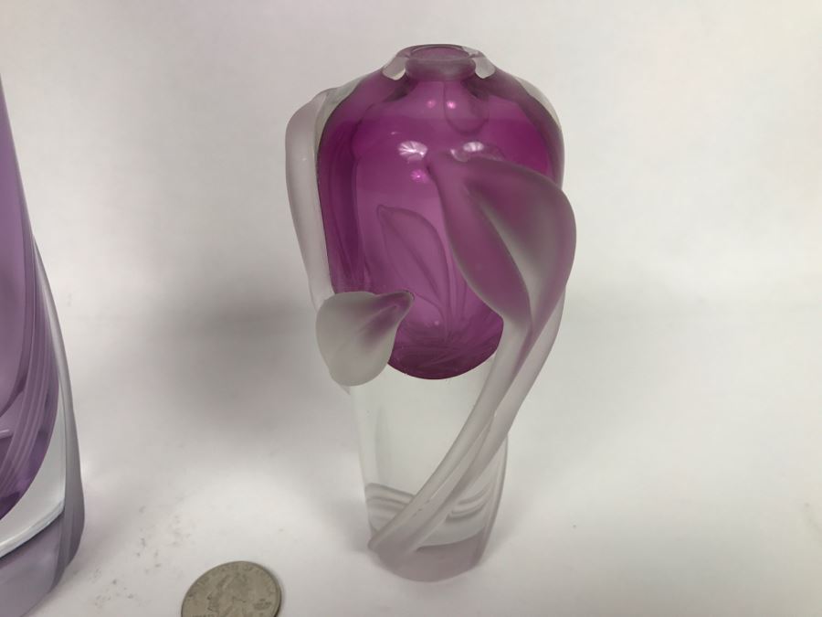 Stunning Vintage 2002 Signed William Glasner Art Glass Vase With William Glassner Art Glass Bottle Amethyst With Frosted Leaves [Photo 18]