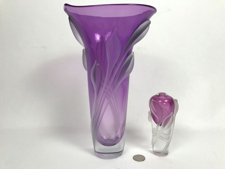 Stunning Vintage 2002 Signed William Glasner Art Glass Vase With William Glassner Art Glass Bottle Amethyst With Frosted Leaves [Photo 5]