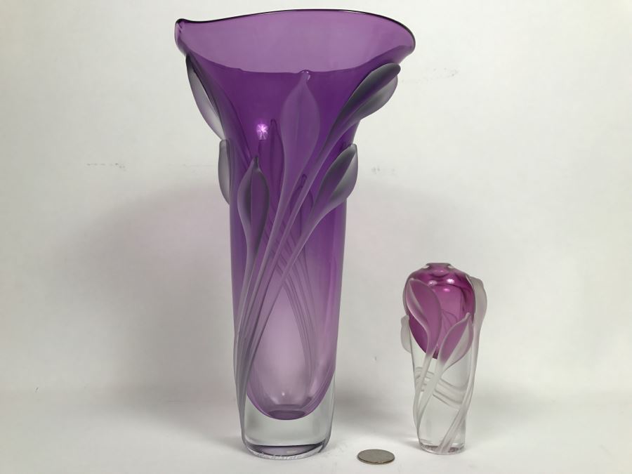 Stunning Vintage 2002 Signed William Glasner Art Glass Vase With William Glassner Art Glass Bottle Amethyst With Frosted Leaves [Photo 13]