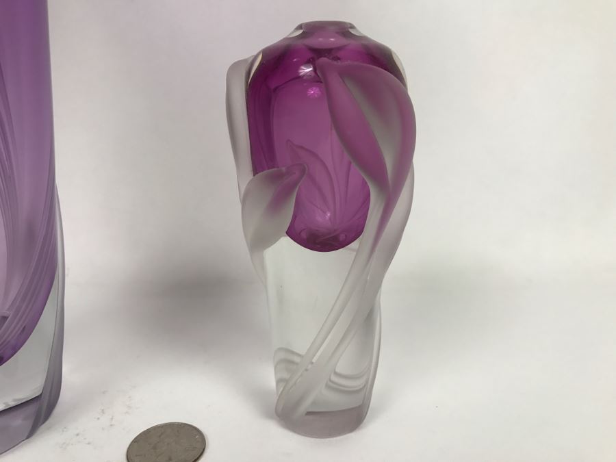 Stunning Vintage 2002 Signed William Glasner Art Glass Vase With William Glassner Art Glass Bottle Amethyst With Frosted Leaves [Photo 17]
