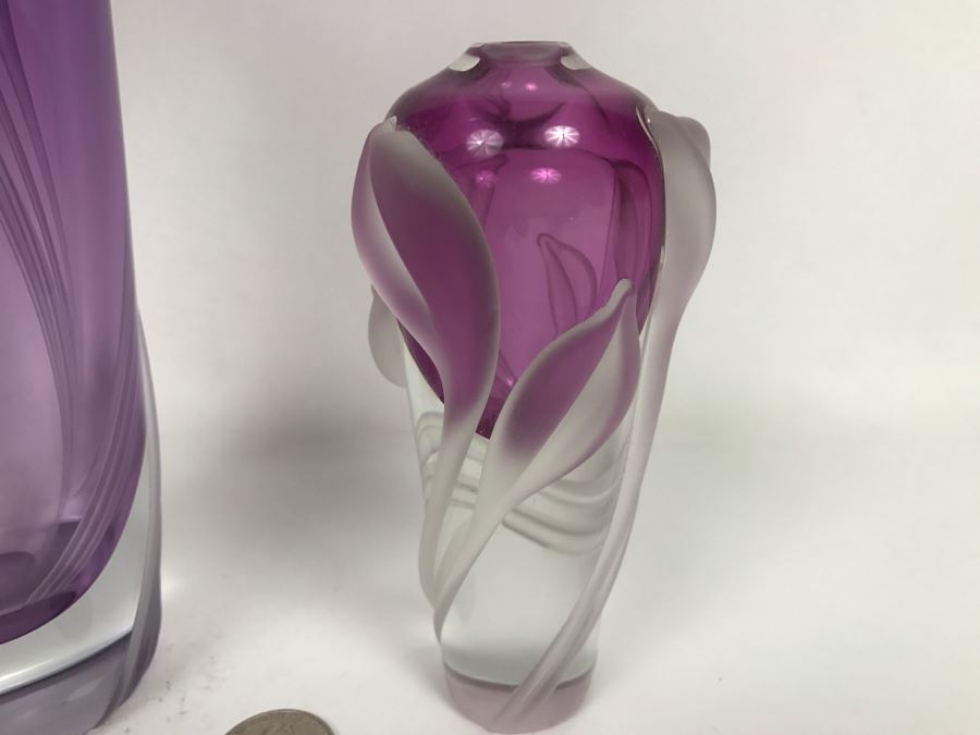 Stunning Vintage 2002 Signed William Glasner Art Glass Vase With William Glassner Art Glass Bottle Amethyst With Frosted Leaves [Photo 10]