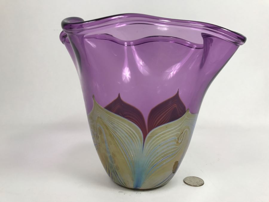 Stunning Signed Amethyst Art Glass Bowl Signature Illegible [Photo 8]
