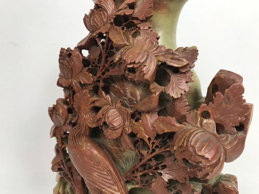 Stunning Deep Relief Carved Soapstone Asian Vase [Photo 9]