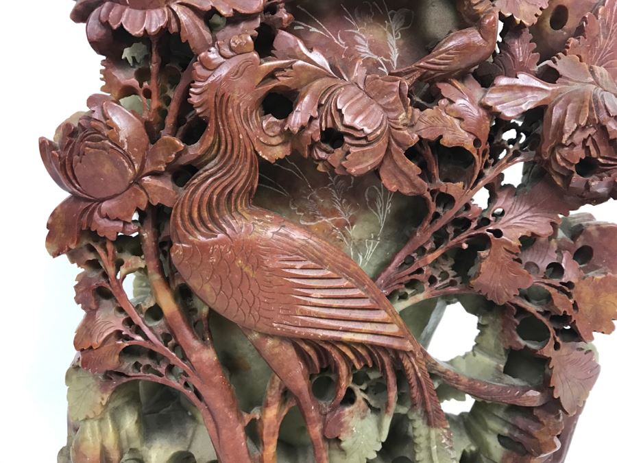 Stunning Deep Relief Carved Soapstone Asian Vase [Photo 7]