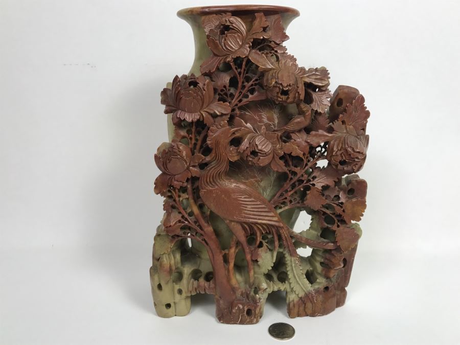 Stunning Deep Relief Carved Soapstone Asian Vase [Photo 5]