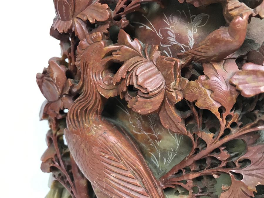 Stunning Deep Relief Carved Soapstone Asian Vase [Photo 10]
