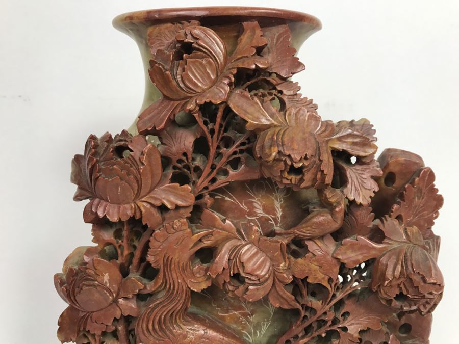Stunning Deep Relief Carved Soapstone Asian Vase [Photo 6]