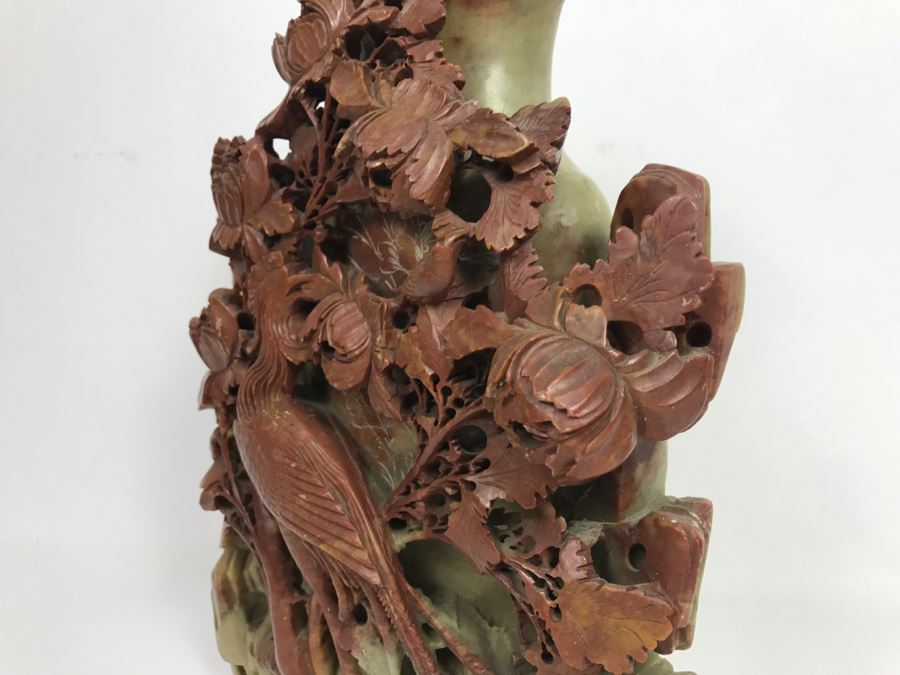 Stunning Deep Relief Carved Soapstone Asian Vase [Photo 13]