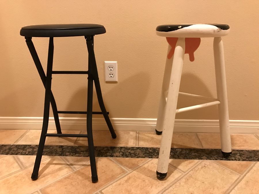 JUST ADDED - Set Of (3) Stools: (2) Black Folding Stools (One Not Shown) And (1) Cow Stool [Photo 7]