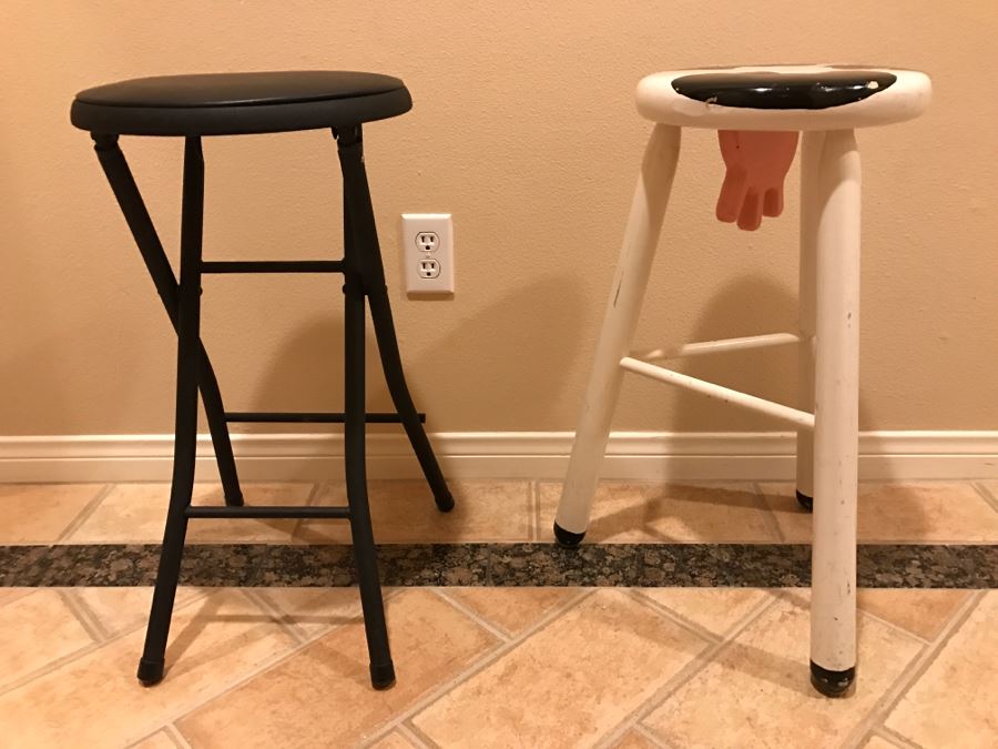 JUST ADDED - Set Of (3) Stools: (2) Black Folding Stools (One Not Shown) And (1) Cow Stool