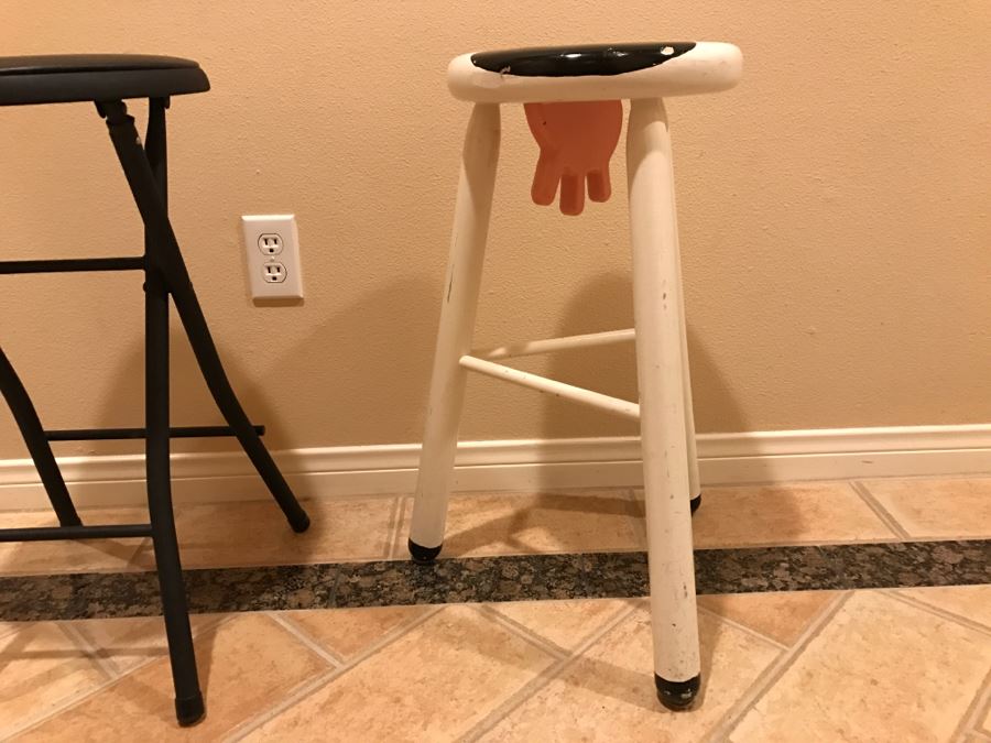 JUST ADDED - Set Of (3) Stools: (2) Black Folding Stools (One Not Shown) And (1) Cow Stool [Photo 3]