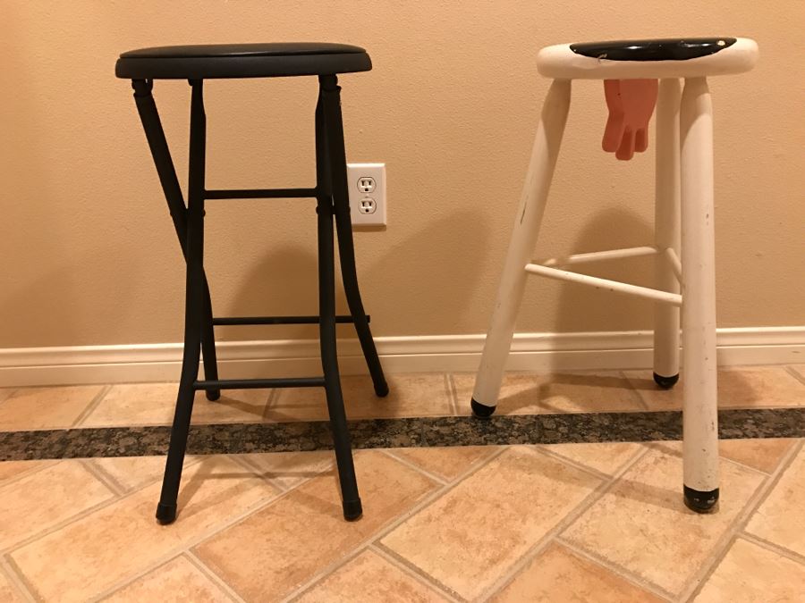 JUST ADDED - Set Of (3) Stools: (2) Black Folding Stools (One Not Shown) And (1) Cow Stool [Photo 6]