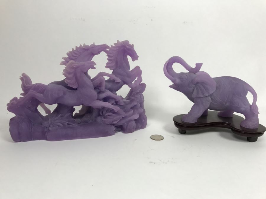 Pair Of Asian Purple Resin Sculpture Figurines Featuring Horses And An Elephant [Photo 1]