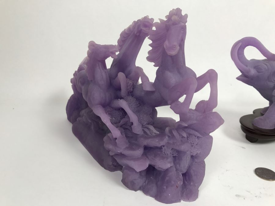 Pair Of Asian Purple Resin Sculpture Figurines Featuring Horses And An Elephant [Photo 5]