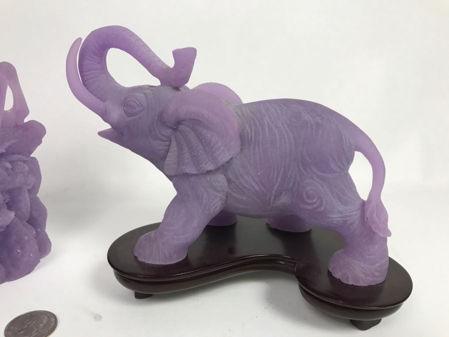 Pair Of Asian Purple Resin Sculpture Figurines Featuring Horses And An Elephant [Photo 2]