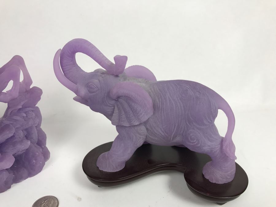 Pair Of Asian Purple Resin Sculpture Figurines Featuring Horses And An Elephant [Photo 3]